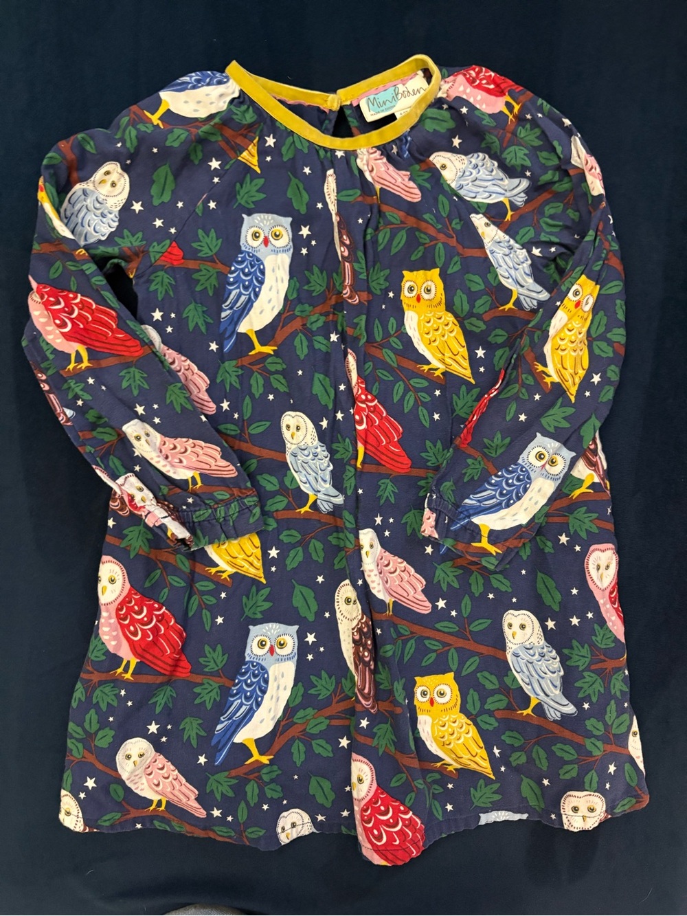 Mini Boden Navy Owl Print Dress with Yellow Trim size 4-5